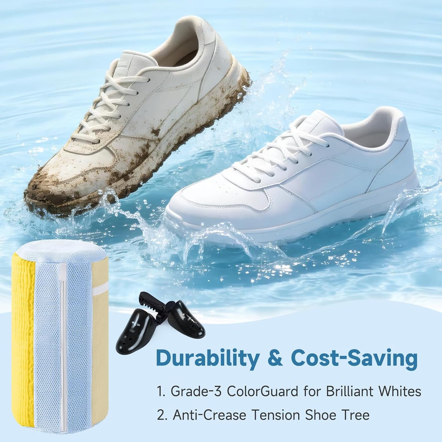 2PCS XXL Shoe Washing Machine Bag with Adjustable Shoes Trees - Heavy Duty Reusable Shoe Laundry Bag for Washer and Dryer - 360° Deep Clean & Protect Chenille Microfiber Sneakers Wash Bags - White