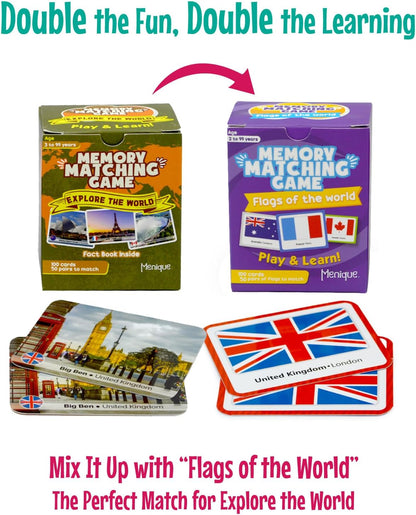 Menique Explore the World Memory Matching Game – 100 Cards (50 Pairs) with Famous Landmarks from 50 Countries – Includes Flag, Country & Place – Educational Geography Game + Informative Booklet
