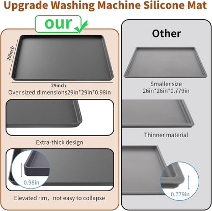 Large 29×29''Silicone Washing Machine Drain Pan,0.98" Raised Edges,Non-Slip Waterproof Drip Tray for Under Washer & Dryer,Anti-Vibration Floor Leak Protector for Refrigerator,Air Fryer,Coffee Maker