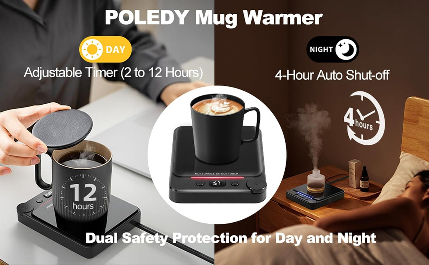Fast Heating Coffee Mug Warmer,POLEDY Auto Shut Off Cup Warmer, Electric Beverage Warmer for Tea, Milk, Cocoa with 2-12H Timer, 3-Temp Settings Candle Warmer Plate, Black Smart Candle Melter