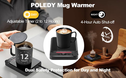 Fast Heating Coffee Mug Warmer,POLEDY Auto Shut Off Cup Warmer, Electric Beverage Warmer for Tea, Milk, Cocoa with 2-12H Timer, 3-Temp Settings Candle Warmer Plate, Black Smart Candle Melter
