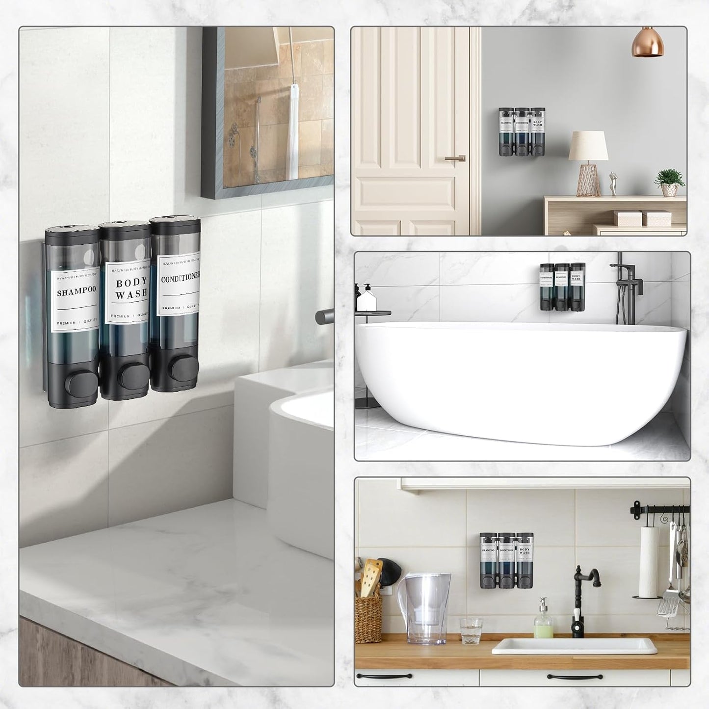 Shampoo and Conditioner Dispenser,Shower Soap Dispenser 3 Chamber No Drill Wall-Mounted Shampoo Dispenser for Shower Wall Mounted Shower Dispenser for Bathroom Hotel Large Capacity, Clear Bright