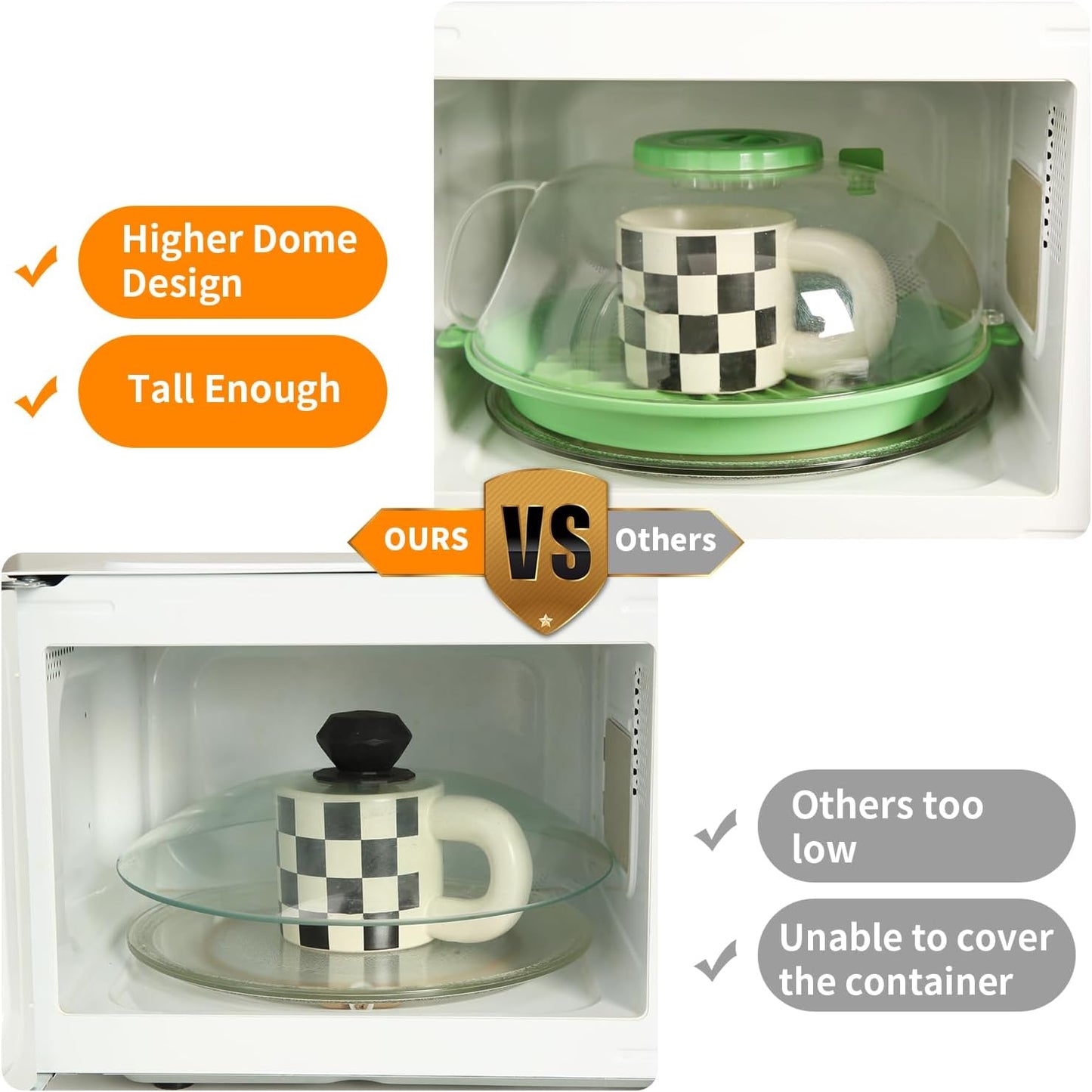 Microwave Splatter Cover Lid for Food 10.2 Inch with Water Steamer, Clear Microwave Splash Guard Cooker Lid with Plate, Dish Bowl Plate Serving Cover Cookware High Transparent Plastic Black