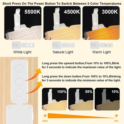NEWZCLA【2 Pack】Rechargeable Book Light for Reading in Bed,Foldable Clip-On Reading Light,Lightweight 3 Color Amber Eye Care & Stepless Dimming,80H Lasting LED Lamp Gifts for Book Lovers,Travel/2*Black