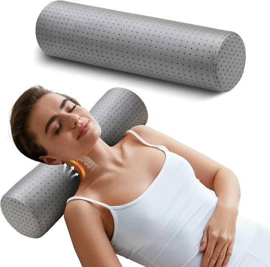Memory Foam 4" Round Pillow, Cervical Neck Pillow for Pain Relief, Cylinder Pillows 18"x 4", Removable Cover, Neck Roll Pillow for Sleeping, Velvet Dots, Grey