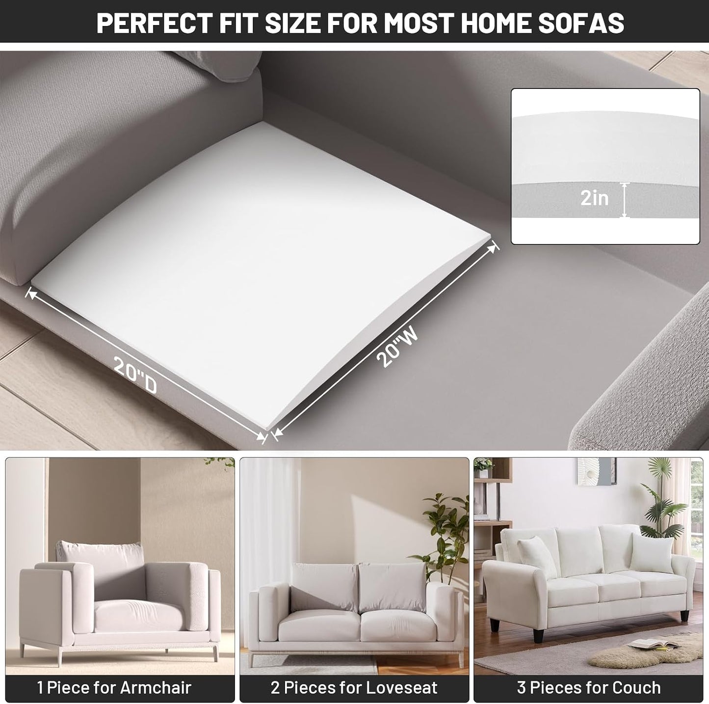 Couch Cushion Support for Sagging Seat, 20"x20"x2" 40D High Density Curved Foam Sofa Cushion Support, Under-Cushion Sag Repair,Grey Set of 3