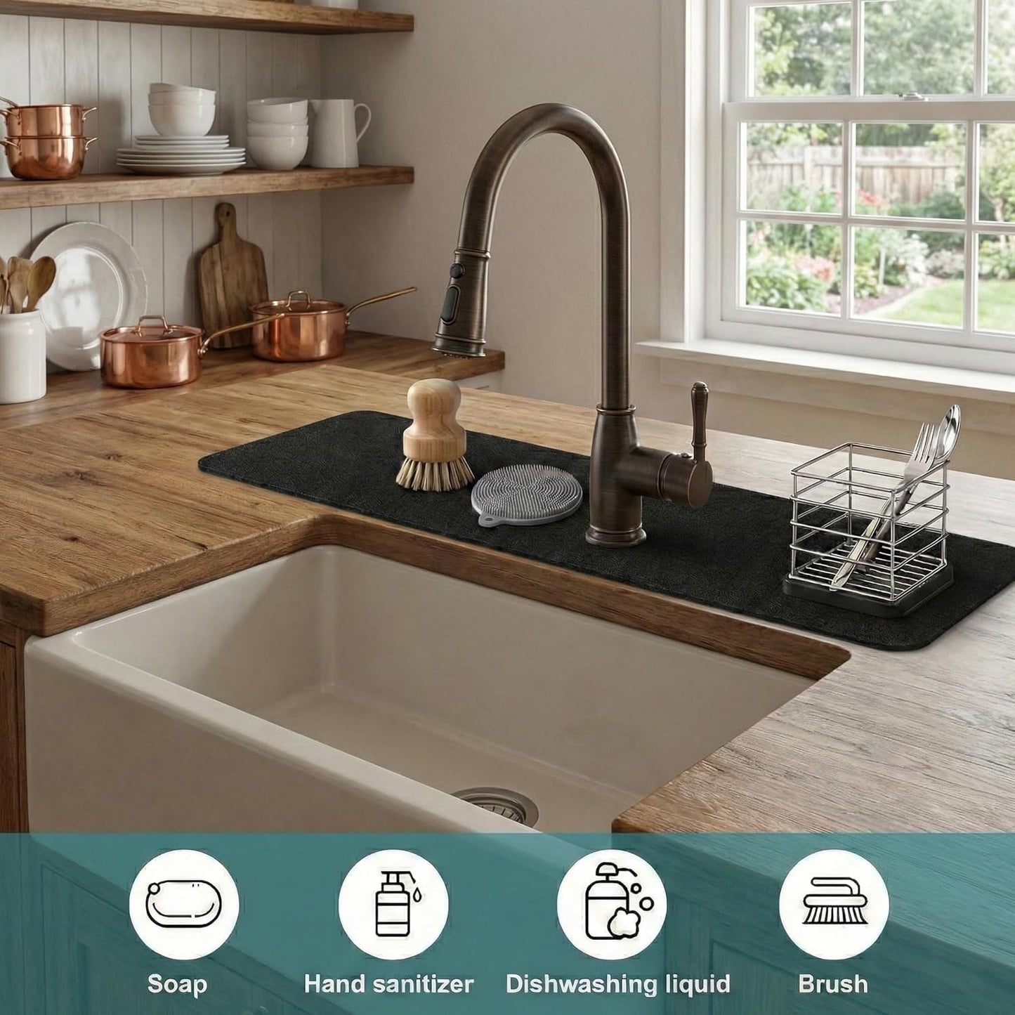 Customizable Kitchen Sink Faucet Mat: 30"Lx5.5"W Absorbent Splash Guard | Non-slip Fabric Rubber Mat, Cut to Fit Oval Rectangle Square Faucet & 2,3,4 Holes Irregular Sink with Soap Dispenser Air Gap