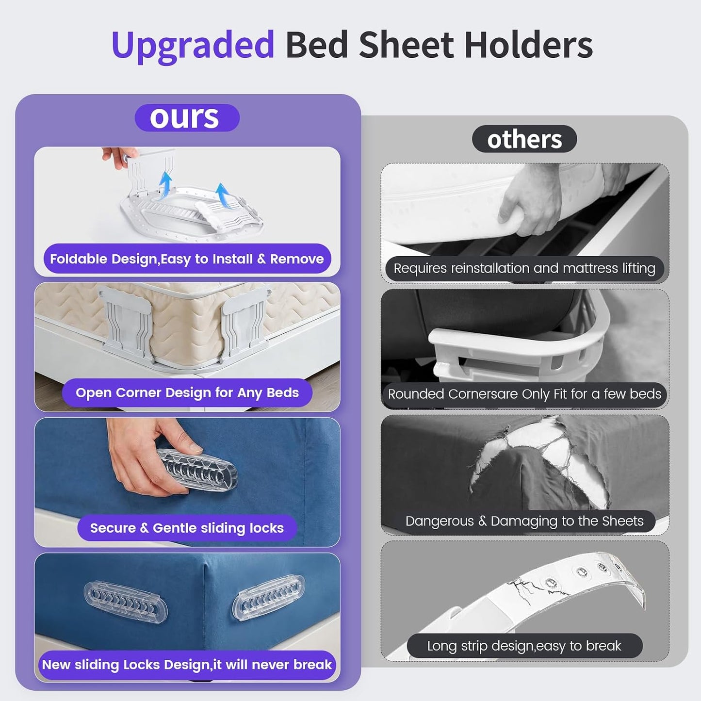 Bed Sheet Holders - 4 Pack Foldable Sheet Fasteners for Mattress Corners, Open Corner Bed Sheet Holder Clips with Gentle Sliding Locks, Tug-Proof Sheet Grippers Keep Sheets Tight All Night