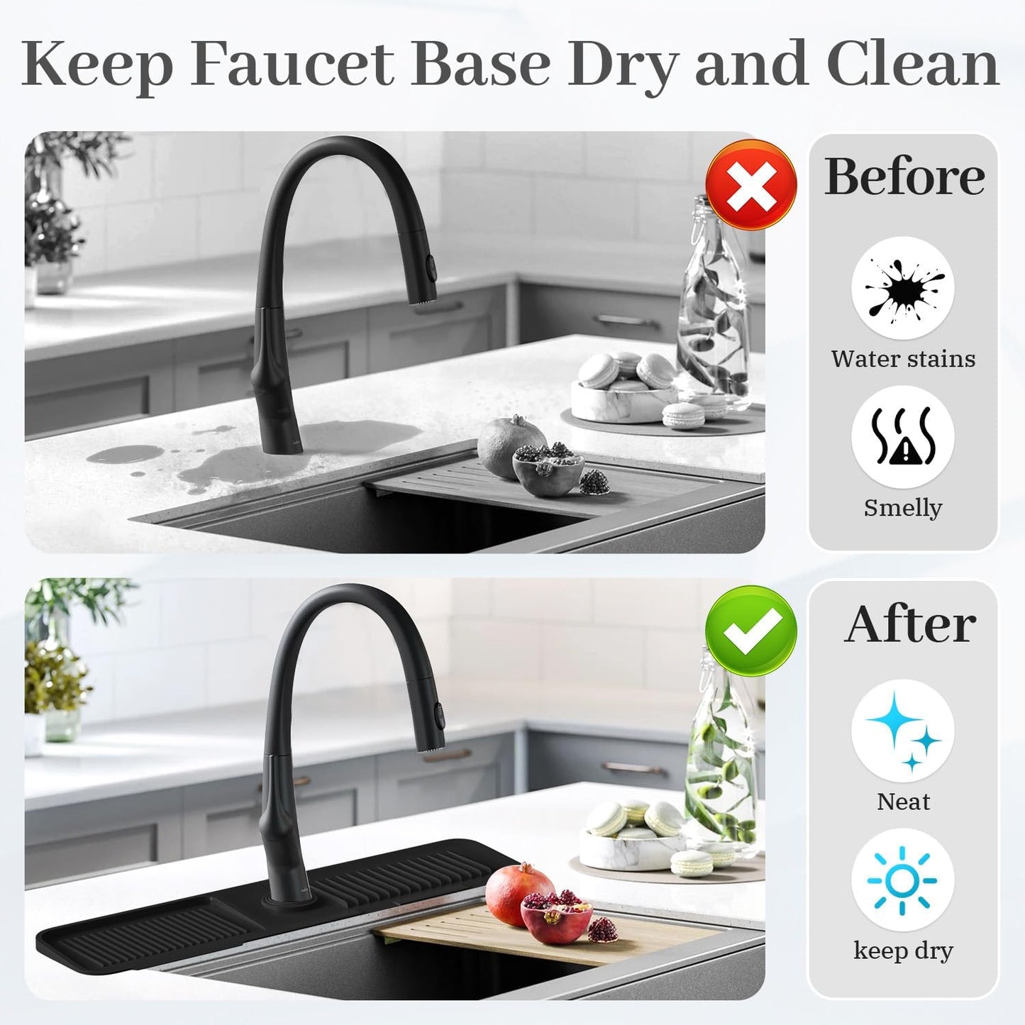 PoYang 23.6 Inch Silicone Sink Splash Guard, Kitchen Sink Mat, Light Grey | Faucet Mat with Wide Drainage & Cuttable Hole, Keeps Faucet Base Dry, Long & Short Sink Protectors for Kitchen, Bathroom & RV