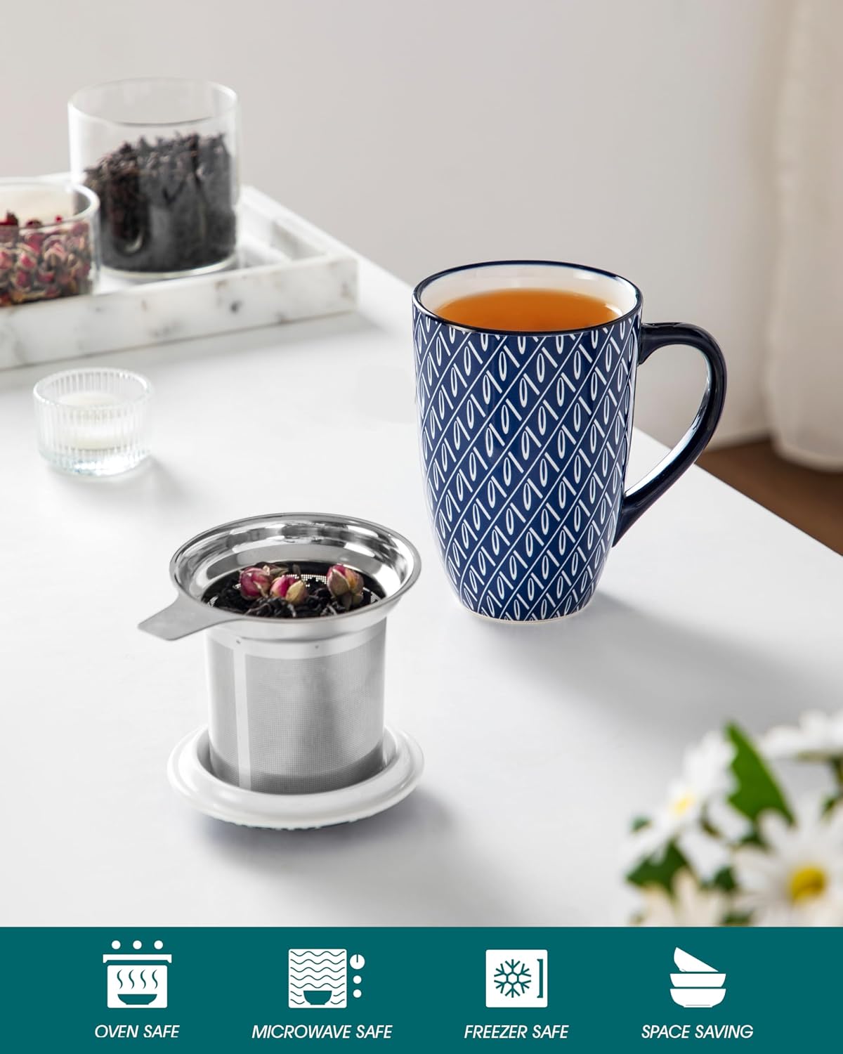vancasso SELENE Porcelain Tea Mug, 18 oz Porcelain Tea Cup with Infuser and Lid Steeps Loose Leaf Tea, Microwave & Dishwasher Safe, Five-Leaf Clover