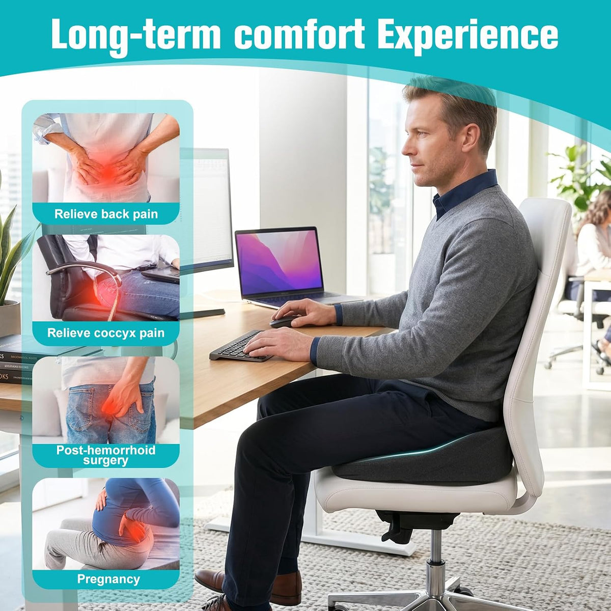 Seat Cushion,Memory Foam Coccyx Cushion for Relief Sciatica,Hip and Tailbone Pain,Seat Cushion with Non-Slip Base for Office Chairs,Wheelchair,Car,Seat Cushions for Long Sitting,Black