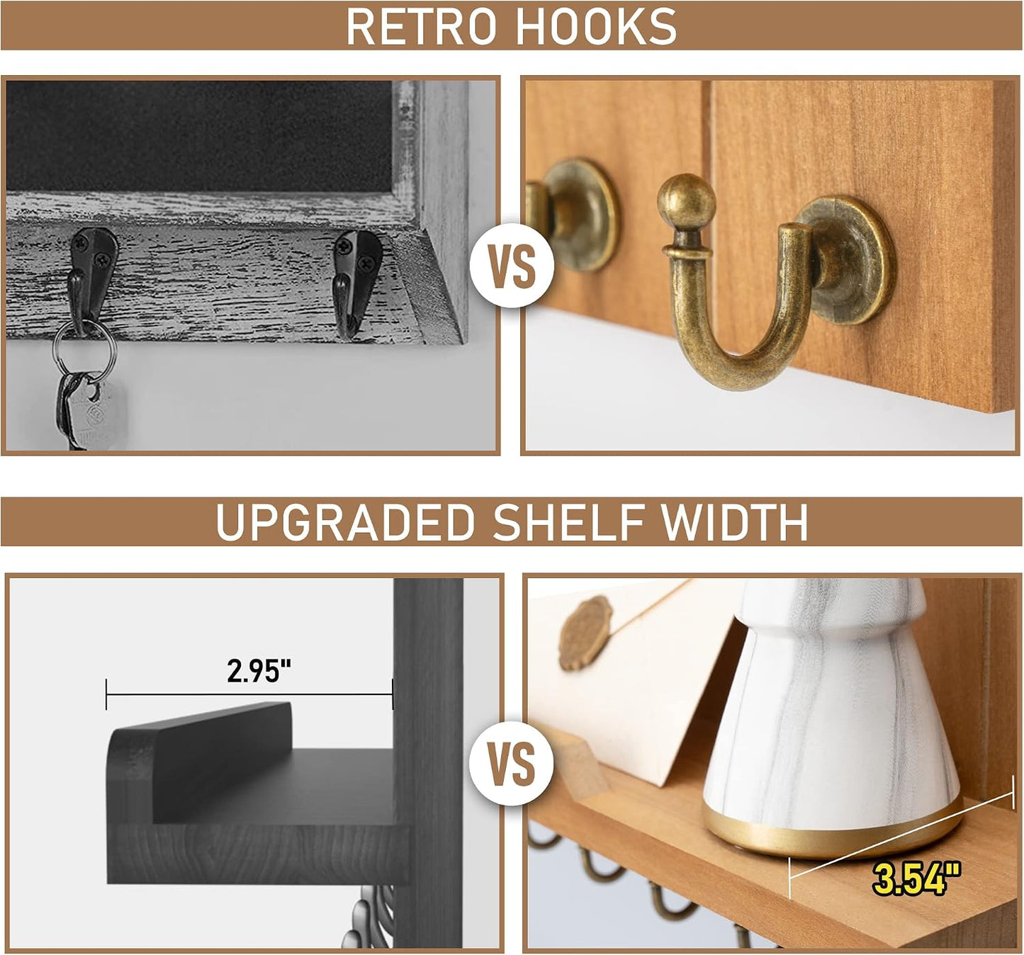 Rebee Vision Key Holder Wall Mount with 5 Key Hooks for Home Decor, Brown | 3.54'' x 10'' x 7.28'', Small Shelf for Display Plant, Key Hangers for Hat, Entryway Space-Saving Storage