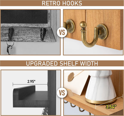 Rebee Vision Key Holder Wall Mount with 5 Key Hooks for Home Decor, Brown | 3.54'' x 10'' x 7.28'', Small Shelf for Display Plant, Key Hangers for Hat, Entryway Space-Saving Storage