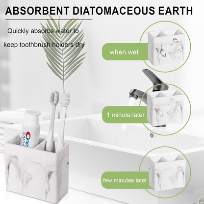 Diatomite Toothbrush Holder Toothpaste Organizer, Marble White | Quick Drying, Non-Slip, 2 Slots Kids Electric Tooth Brush Holder for Bathroom, for Countertop, Shower, Vanity