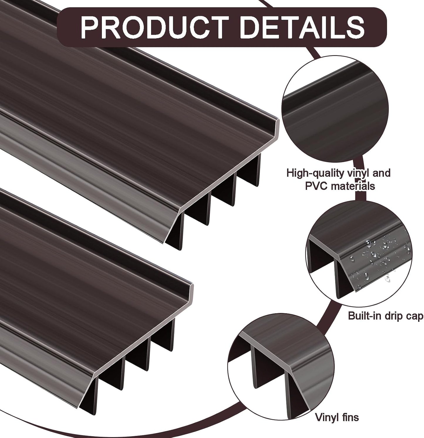 2 Pcs 3 Feet Brown Vinyl Door Bottom Adjustable Weatherstrip Door Bottom with Drip Cap Weatherproof Under Doors Seal for Gaps from 1/4'' to 9/16'' for 1 3/4'' to 2'' Thick Doors