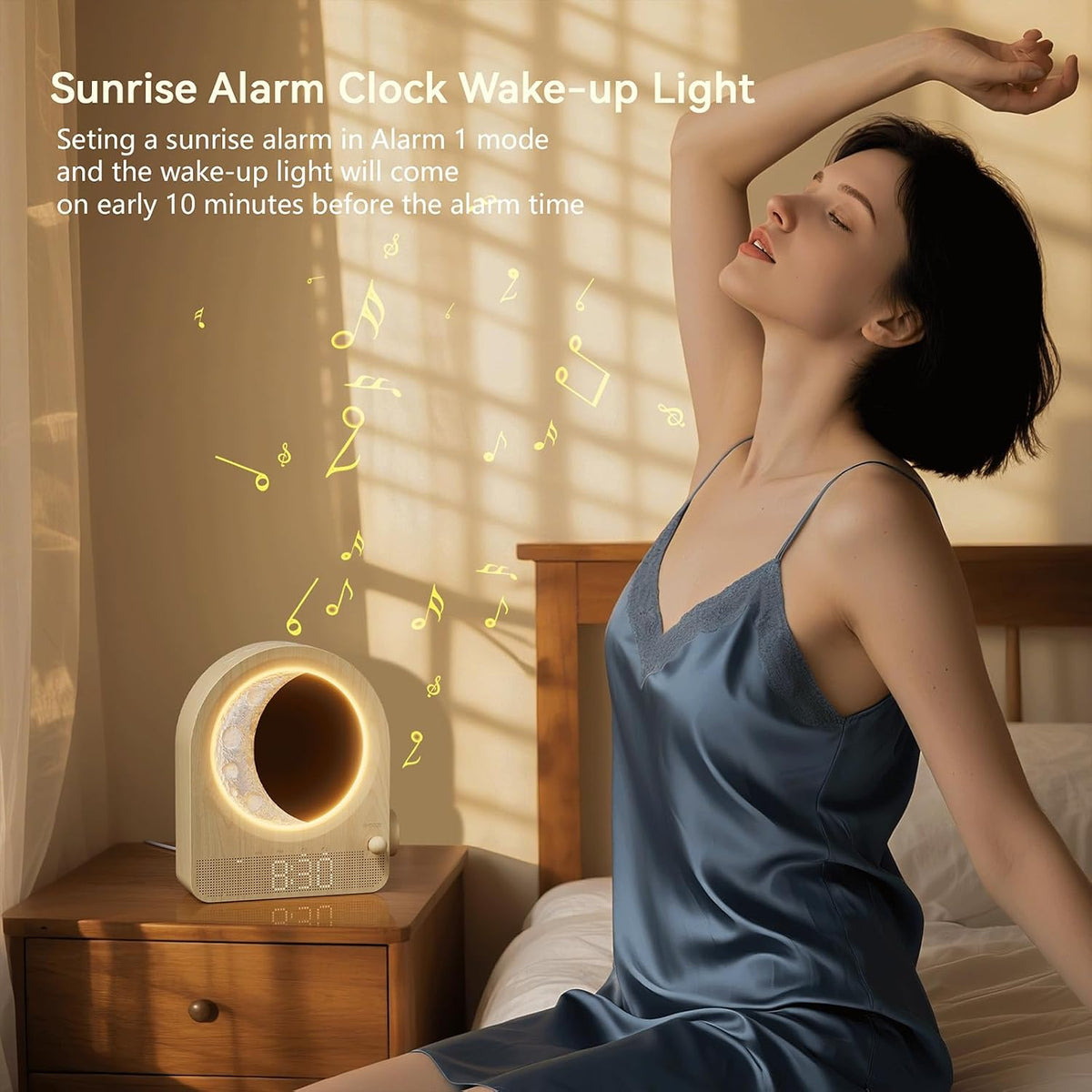 blonbar Sunrise Alarm Clocks for Bedrooms, Stepless Dimmable Moon Lamp Dual Alarm Clock with 12Levels Volume for Heavy Sleepers, 10 Natural Sounds with 30/60/90mins Timer, Gifts for Women