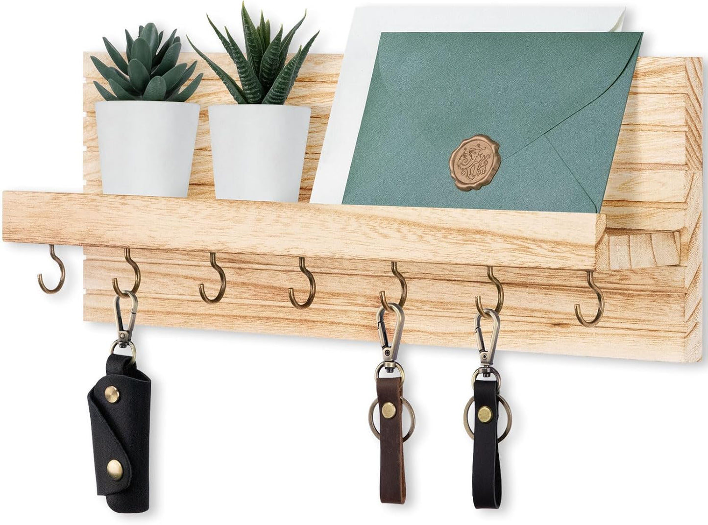 Lwenki Decorative Key Holder for Wall with Shelf, Entryway Shelf with Hooks Holds Leashes, Jackets and Glasses – Sturdy Wood Keyholder Entrance Hanger with Mounting Hardware (Black, Medium)