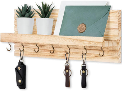 Lwenki Decorative Key Holder for Wall with Shelf, Entryway Shelf with Hooks Holds Leashes, Jackets and Glasses – Sturdy Wood Keyholder Entrance Hanger with Mounting Hardware (Black, Medium)