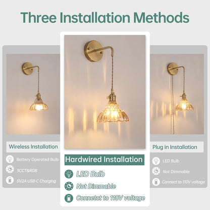 Shenmoyl Battery Operated Wall Sconce Wall Lamp with Green Lily of the Valley Shade Pattern Glass Adjustable Chain Retro Gold Wall Mounted Light, Modern Wall Lamp Fixtures Decor for Bedside Bedroom