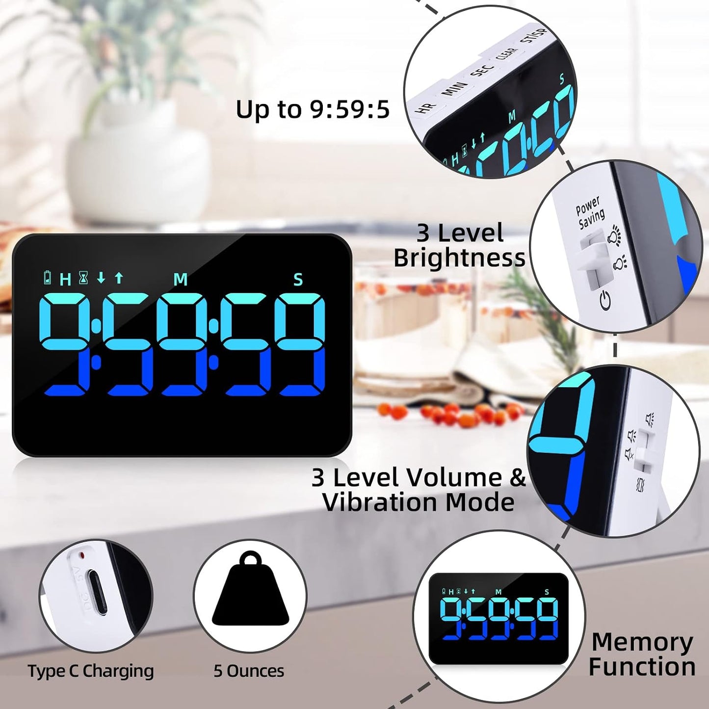 PERSUPER Kitchen Digital Timer, Count Down Up, Rechargeable, Vibration Mode | Adjustable Volume and Brightness LED Display, Time Management Cook, Desk, Kids Adults Study Teaching, Kitchen Gadgets RGB ﻿