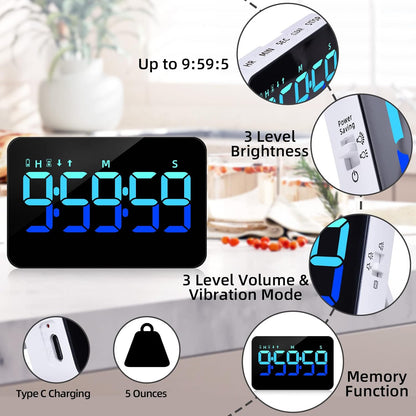 PERSUPER Kitchen Digital Timer, Count Down Up, Rechargeable, Vibration Mode | Adjustable Volume and Brightness LED Display, Time Management Cook, Desk, Kids Adults Study Teaching, Kitchen Gadgets RGB ﻿
