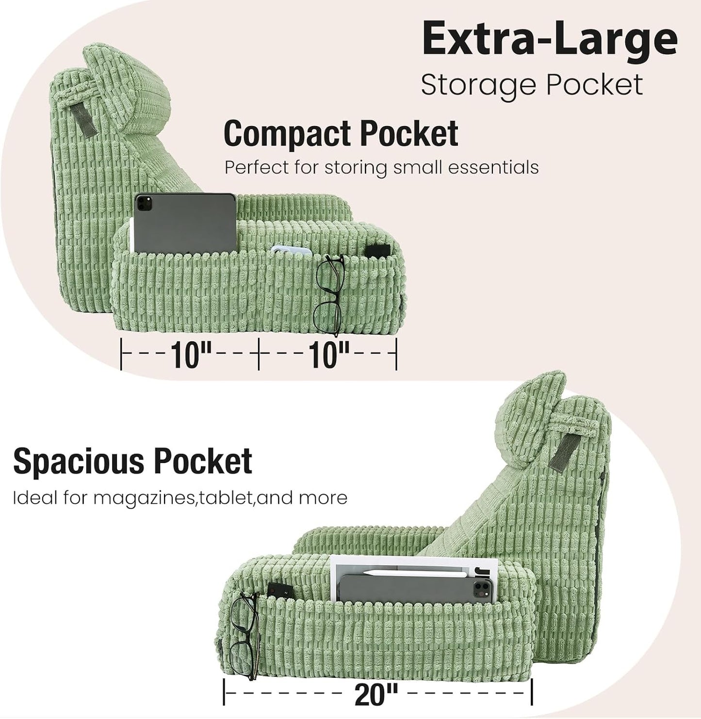 Reading Pillow for Bed Sitting Up with Large Pockets,Modern Style | 19" Supportive Backrest Cushion for Reading,Nursing,Resting,or Reclining,Stable Armrests & Washable Cover – Sage Green