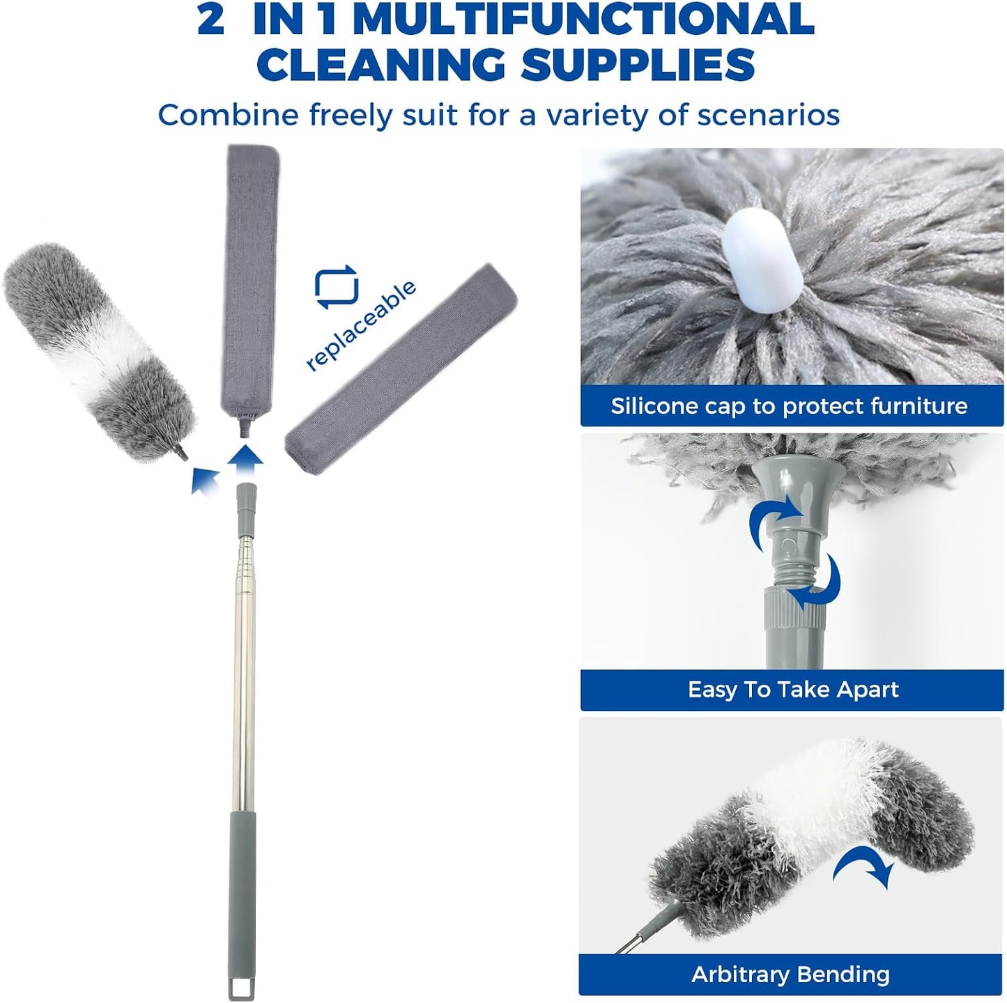 Retractable Gap Dust Cleaner Cleaning Tools with 2 Microfiber Dusting Cloths Long Handle 60inches Washable and Retractable Duster Brush for Cleaning Under Appliances Furniture Couch Fridge