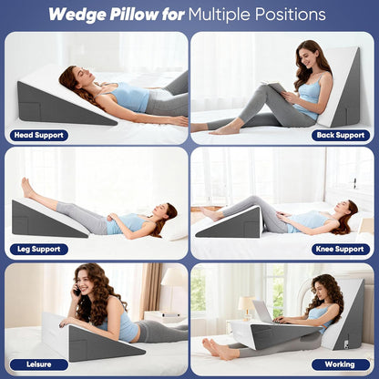 Bed Wedge Pillow for Sleeping & Resting, 8 inch Incline Pillow Wedge for Adults Seniors, Back Support and Leg Elevation, Cooling Memory Foam Top, Ideal for Couch, Bedroom & Living Room