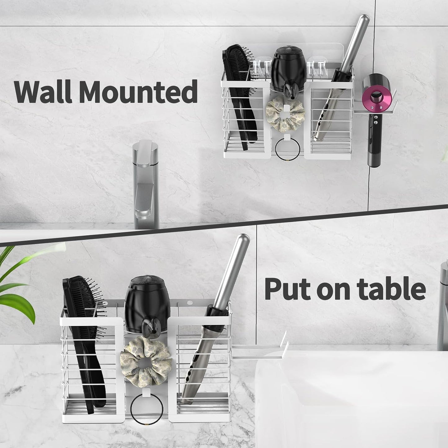 FUNKYLEE Hair Tool Organizer, 3 in 1 Metal Hair Dryer Holder Wall Mounted for Flat Iron, Curling Iron, Straightener, Styling Tools Bathroom Storage and Organizer (Black)