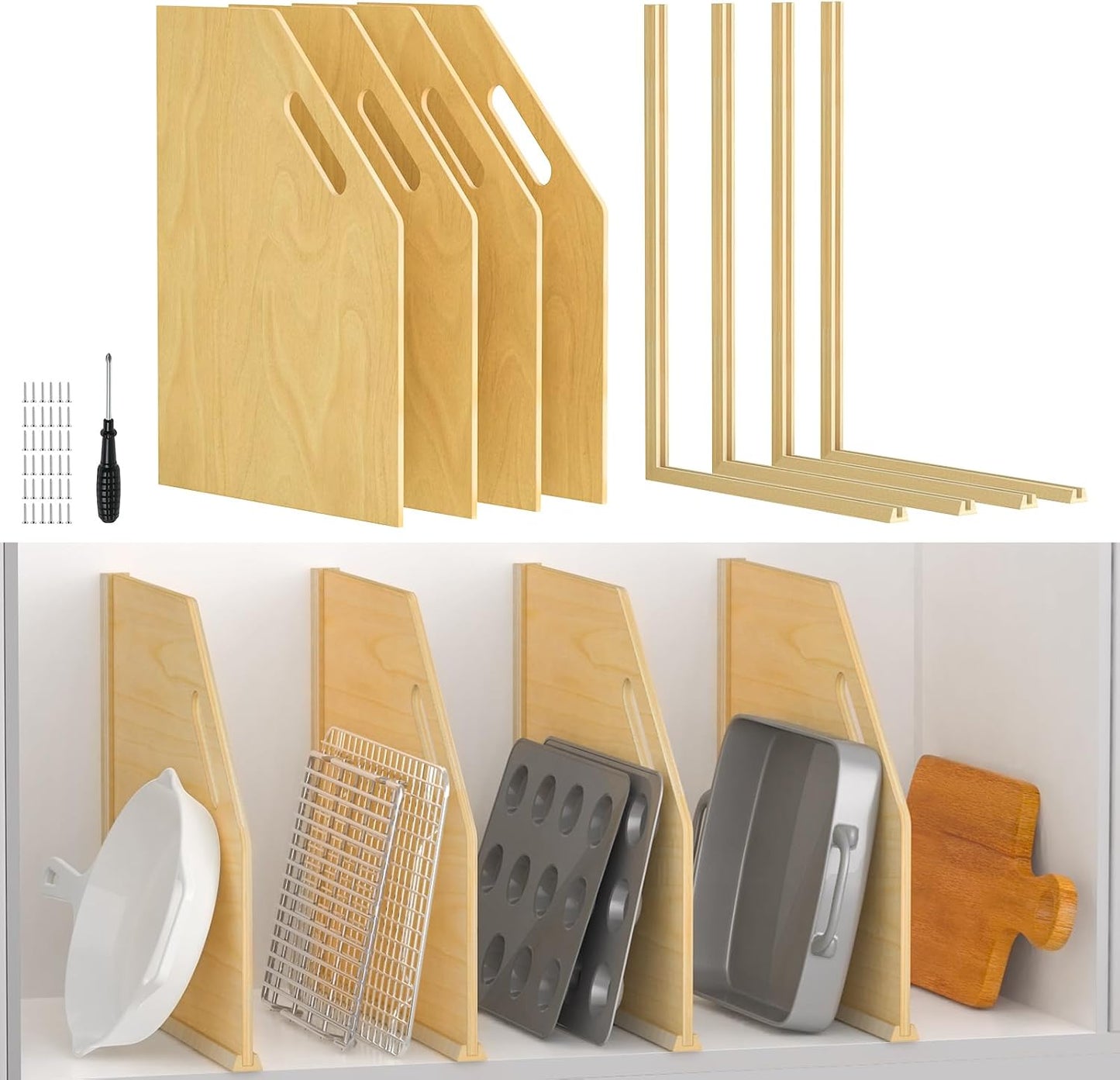 6 Pack Wood Tray Dividers Organizer For Kitchen Cabinet | Adjustable Vertical Cookie Sheet Organizer, Cabinet Dividers Organizer For Pots, Cutting Board, Pans, Lids, Baking Sheets
