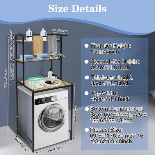 Washer and Dryer Storage Rack, 3 Tier Over The Washer and Dryer Storage Shelf, Bathroom Space Saving Organizer Shelves Space Saver Standing Rack for Bathrooms, Laundry Rooms (White+ Log)