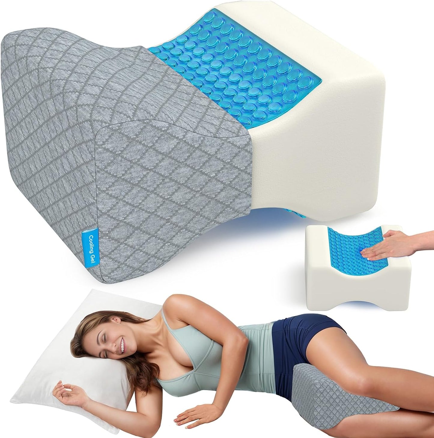CloudBliss Cooling Gel Knee Pillow for Side Sleepers, Memory Foam, White | Contoured leg pillow, high-density foam, removable machine-washable cover, breathable fabric, hip and knee support
