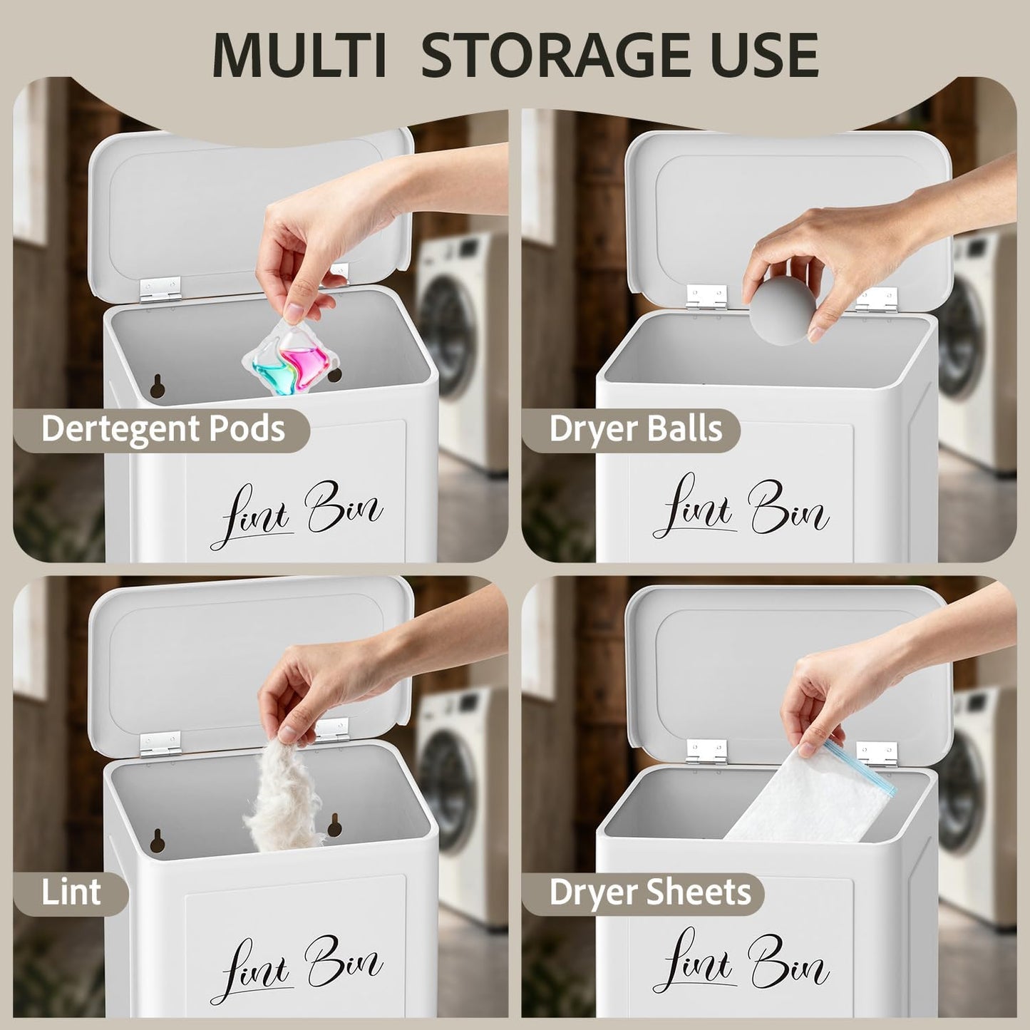 Sealegend Magnetic Metal Lint Bin with Lid, Trash Can with Brush, White | Collect Dryer Lint Easily, Space-Saving Laundry Room Organization & Storage