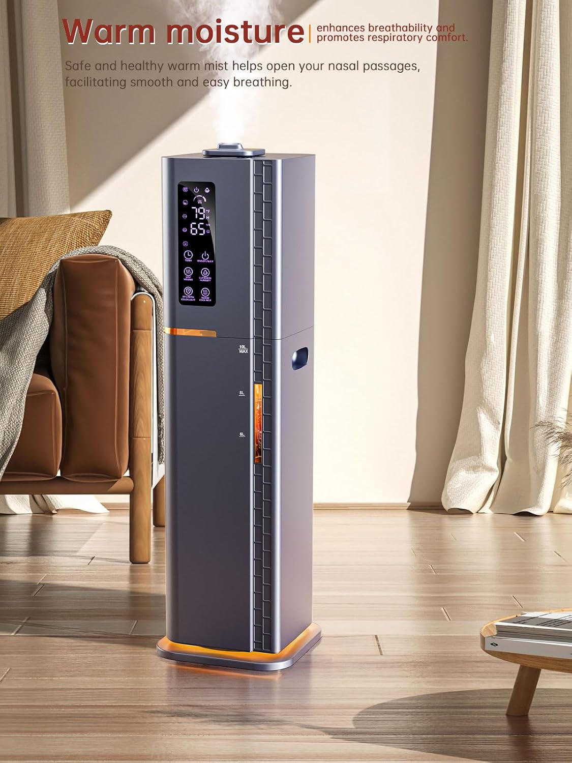 2.64Gal Humidifiers for Bedroom Large Room, Warm and Cool Mist up to 500ft², Top Fill Diffuser Ambient Light, 3 Mist Modes, 24H Timer, 35dB Quiet Humidifier for Home Office Plants