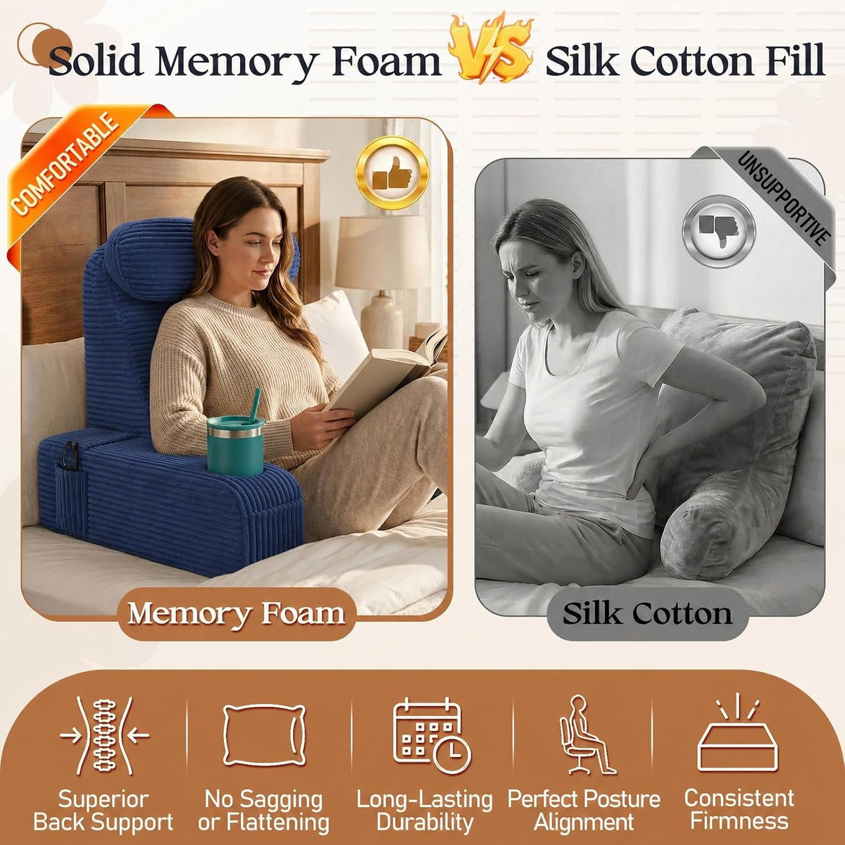 Reading Pillow/Backrest Pillow with Arms, Cup Holder & Phone Pocket