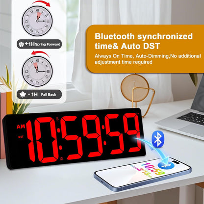 TXL 17.2" Bluetooth Digital Wall Clock with Seconds, Large Countdown Timer for Classroom Home Gym Kitchen Office, Alarm Clock with Remote Control, 4 Dimmable Brightness, Auto DST (RGB)