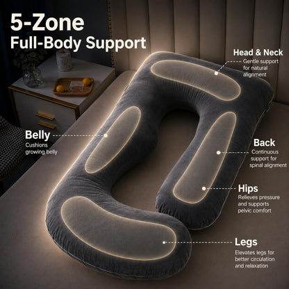 ALLOPERA Pregnancy Pillows for Sleeping, 57-Inch U-Shaped Full Body Maternity Pillow with Adjustable Fill and Removable Washable Cover, Back, Belly, Hip and Leg Support for Pregnant Women, Black Grey