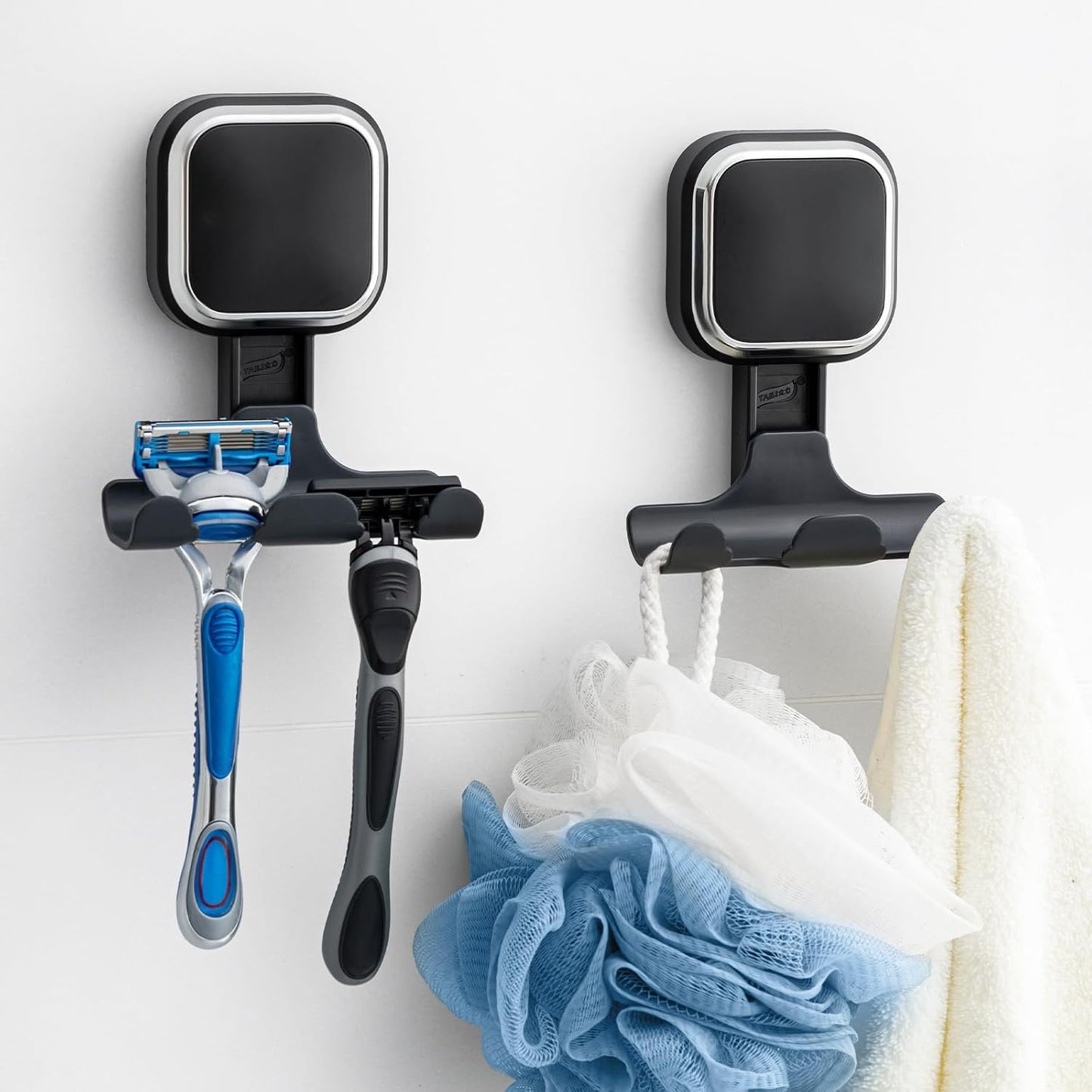 TAILI 2 Pack Upgraded Suction Cup Razor Holder for Shower Waterproof, Black | Visible Safety Indicator, Rust-Resistant Bathroom Organizer, No-Drill Glass Shower Wall Hook for Towel,Loofah,Razor,Squeegee