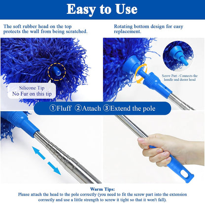 Cobweb Duster with Extension Pole 100 inches, Dusters for Cleaning with 2 Duster Heads, Washable Microfiber Feather Duster for Cleaning Ceiling Fan, High Ceiling, Blinds, Furniture & Cars