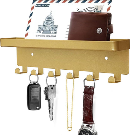 GTK Key Holder for Wall Key Hooks with Tray and 6 Hooks, Wall Mounted Key Holder for Hallway, Key Rack with Shelf for Mail Storage (Black)