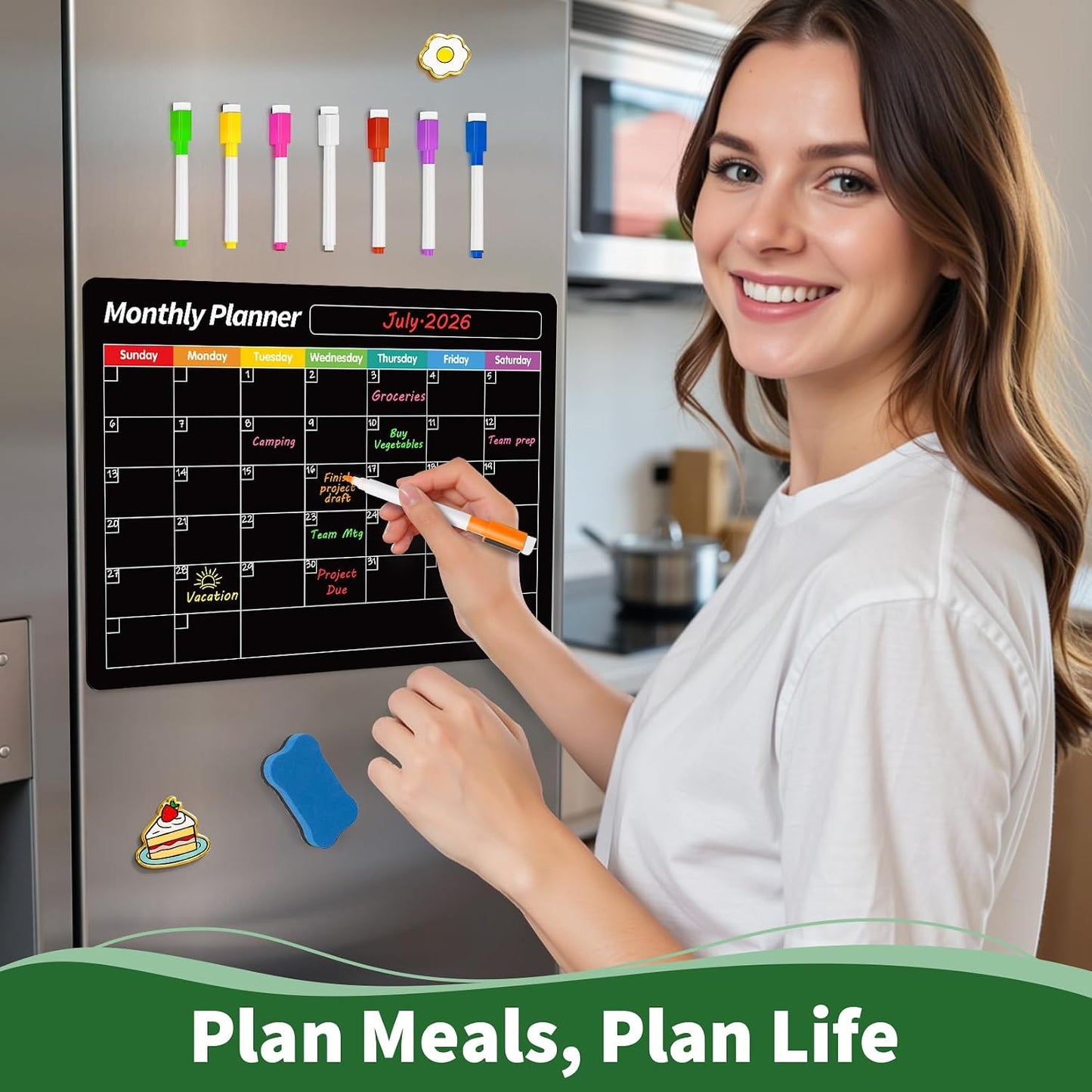 FINDMAG 4 Pack Fridge Calendar, Magnetic Calendar for Dry Erase, Black | Magnetic Dry Erase Board, Monthly Calendar for Fridge with 8 Markers & Eraser