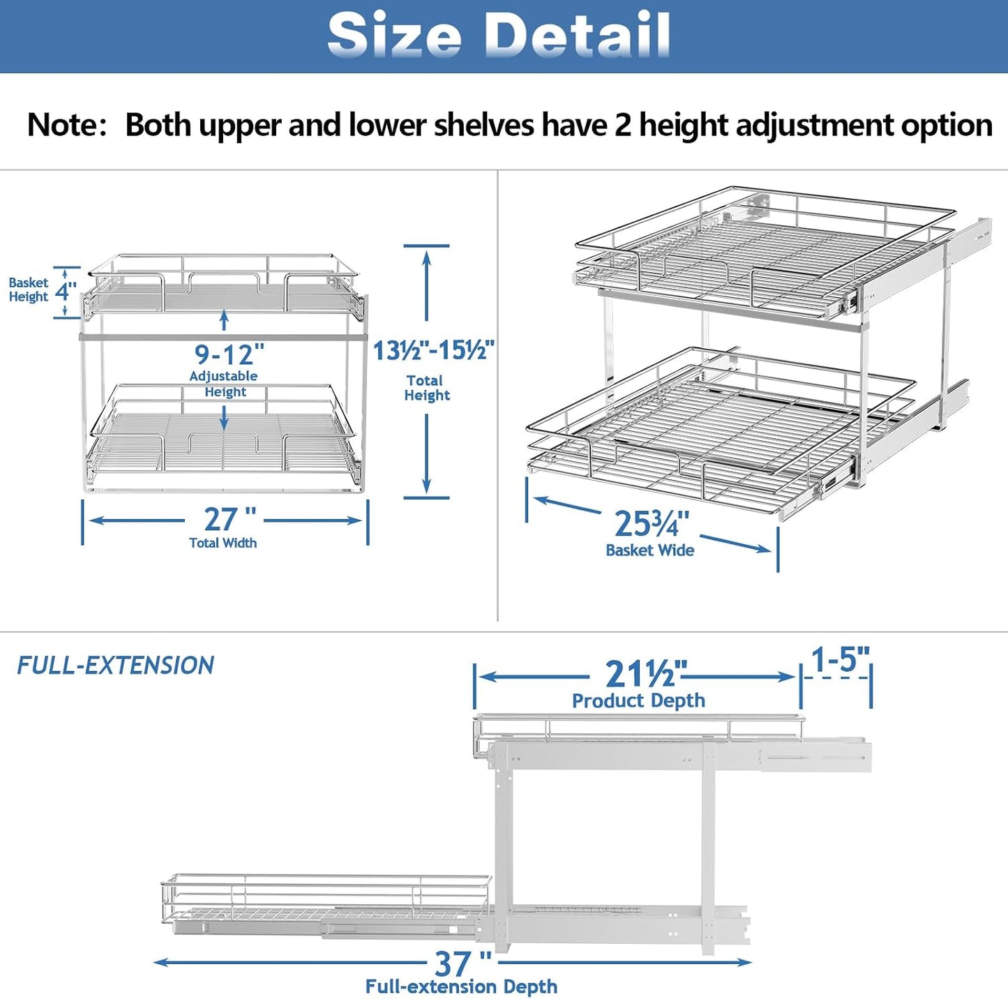 ROOMTEC Pull Out Cabinet Organizer, Pull Out Shelves 5½" W x 21½" D, Heavy Duty Cabinet Drawers Slide Out Kitchen Organizers Storage Shelf