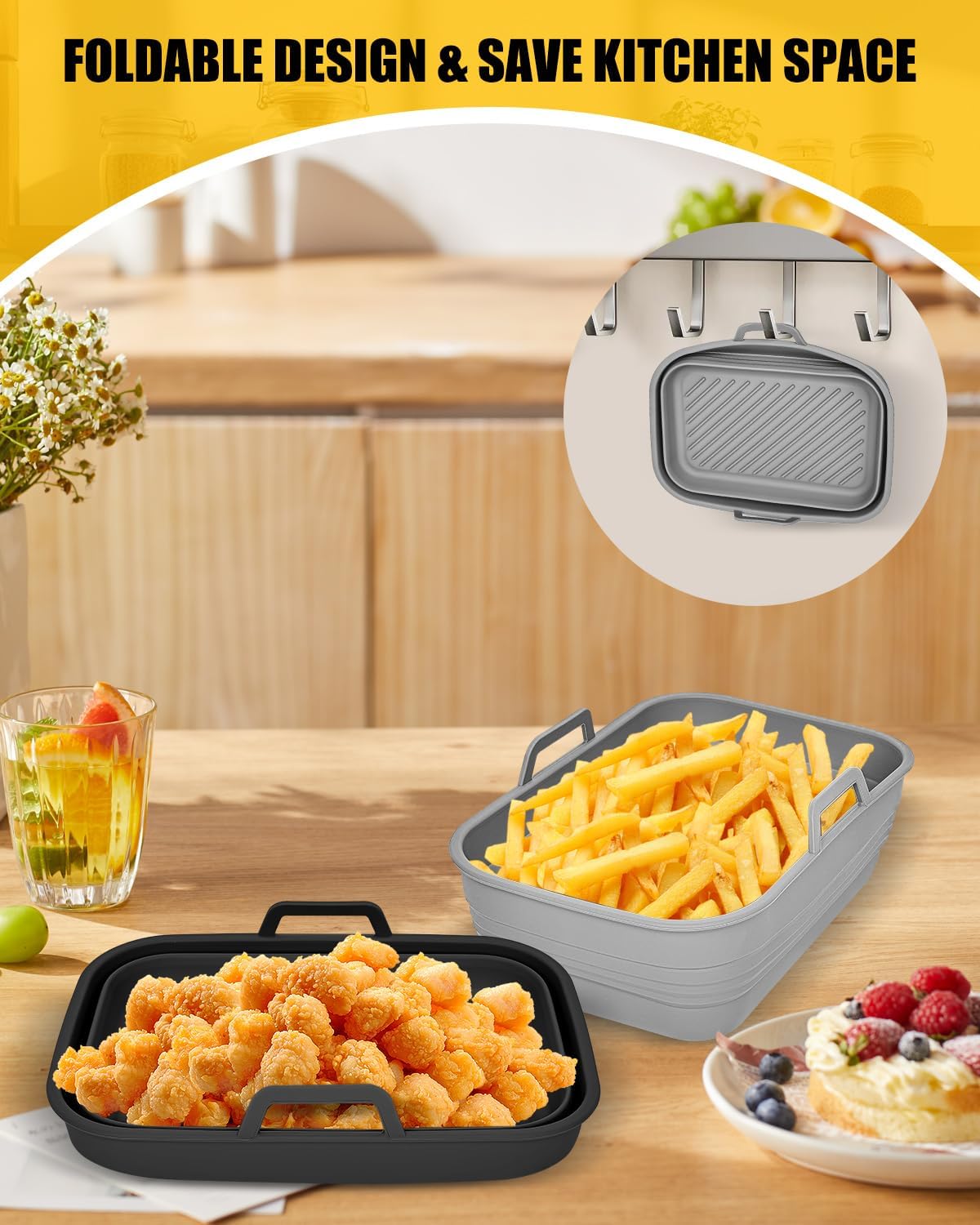 Collapsible Air Fryer Silicone Liners 2-Pack for Bella 4Qt Slim Air Fryer | (3.3lb Capacity), Reusable Airfryer Silicone Pot Rectangle,Nonstick Baking Basket Insert for Air Frier Accessories,Gray+Black