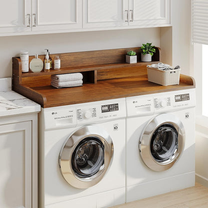 2-Tier Washer Dryer Countertop with 2.75" H Edge Rails, 54" W x 27.55" D Laundry Countertop for Folding Clothes, Washer and Dryer Topper with Non-Slip Pad (Dark Walnut)