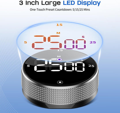 Digital Kitchen Timer with Magnetic - Visual Timer with Large LED Display, Pomodoro Classroom Timers with 3-Preset Times, Volume Adjustable, Countdown & Count Up Timers for Cooking
