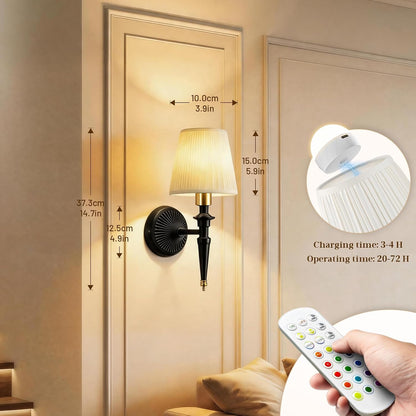 Battery Operated Wall Sconces Set of 2, Wireless Rechargeable Wall Lights with 12 RGB Colors and 3CCT Dimmable, Small Fabric LED Wall Lamps for Bedroom, Living Room, Hallway, Gold