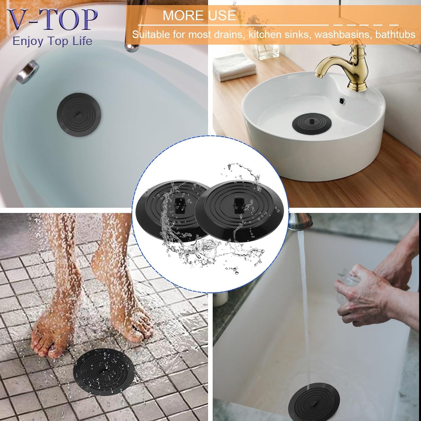 Shower Drain Hair Catcher Tub Stopper, V-TOP Drain Cover for Shower to Catcher Hair, Silicone Bathtub Drain Plug Suit for Bathroom Kitchen and Laundry, 4 Pack