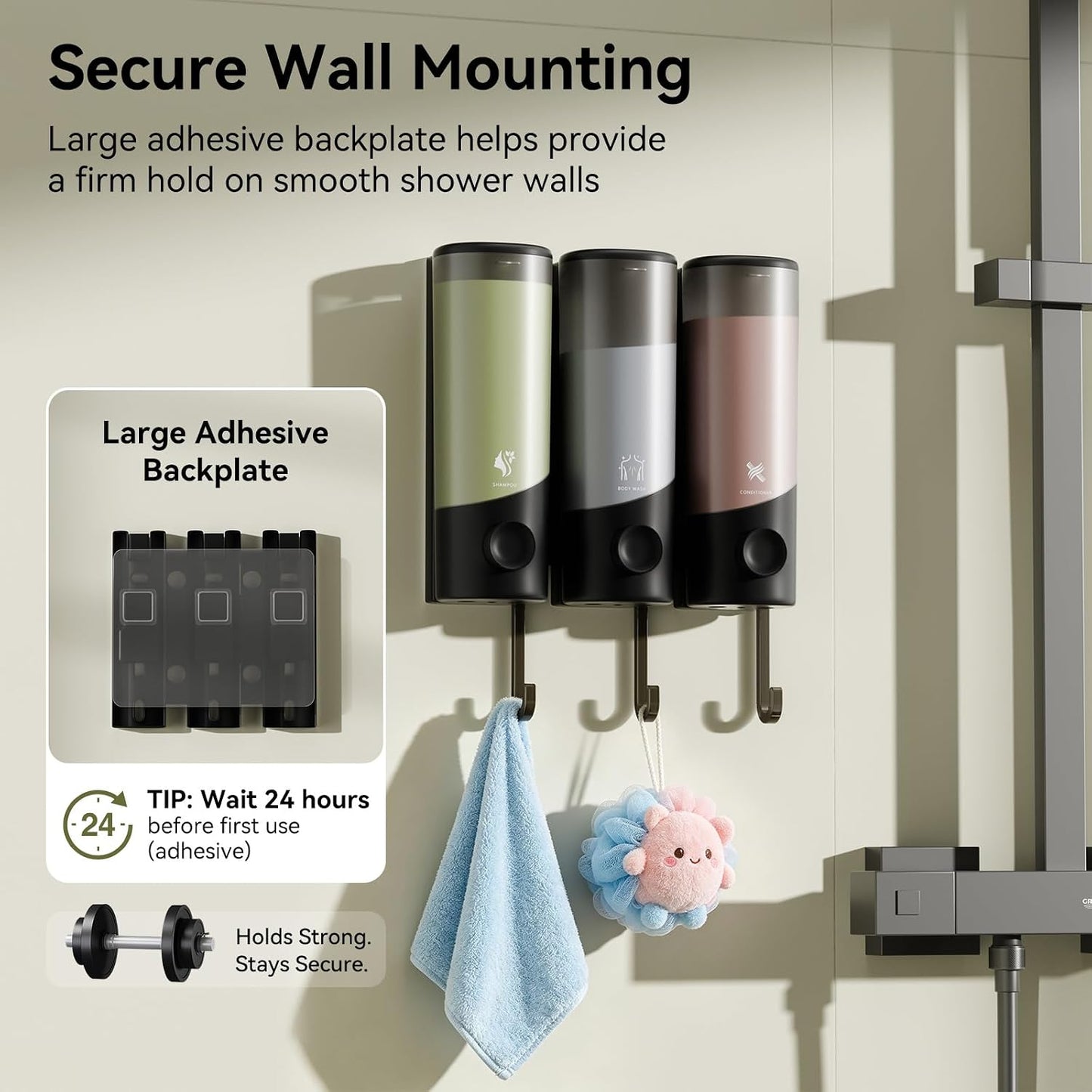 Shampoo and Conditioner Dispenser Wall Mounted with Hooks, 3-Chamber 1200ML Shower Soap Dispenser, No-Drill Bathroom Shower Organizer for Shampoo, Conditioner, Body Wash（Gun Grey）