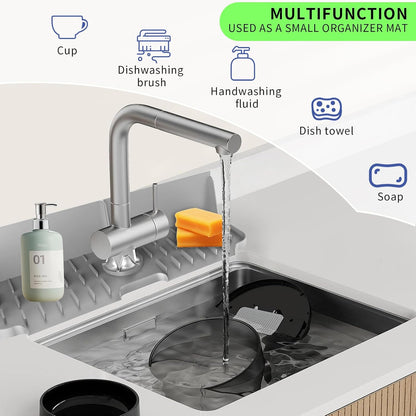 17” x 5.5” Silicone Faucet Handle Drip Catcher Tray Mat, Silicone Faucet Mat Dish Soap Sponge Holder for Kitchen Sink, Drying Mat for Kitchen Counter Bathroom Kitchen Sink Splash Guard - Black