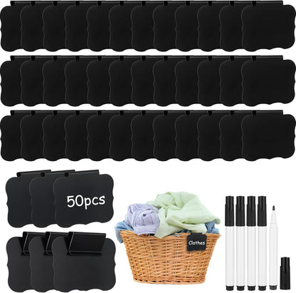 50 Pcs Black Basket Labels Clip on for Storage Bins, Removable PVC Bin Clip Labels with 4 Chalk Markers for Basket Pantry Cubes Organization Container